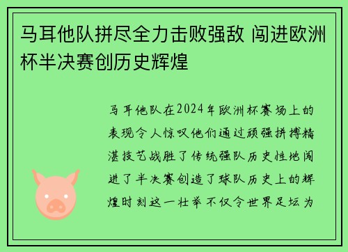 马耳他队拼尽全力击败强敌 闯进欧洲杯半决赛创历史辉煌